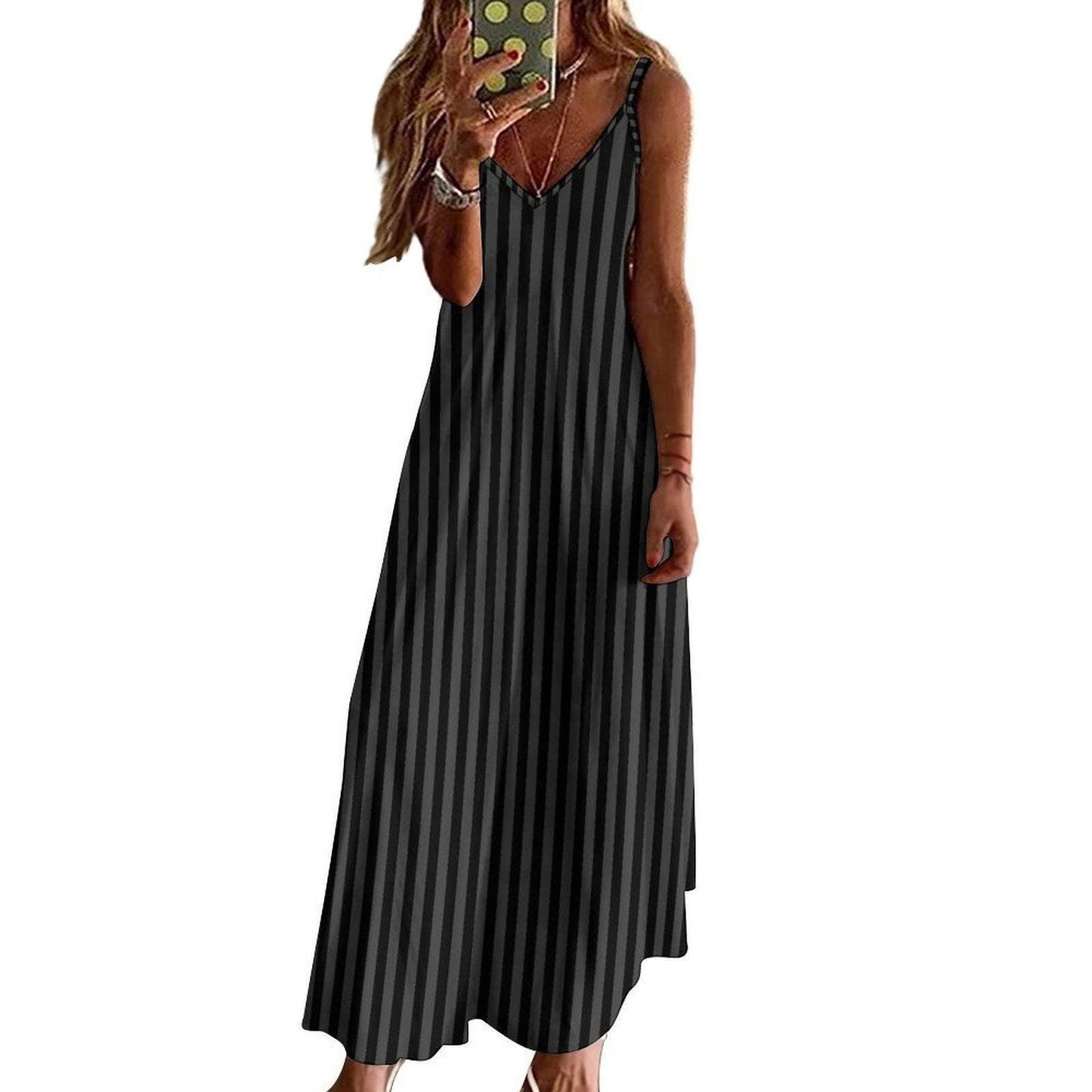 Black striped dress, gothic slip style maxi dress, dark aesthetic summer fashion, witchy long cami dress for edgy style lovers, alt wardrobe