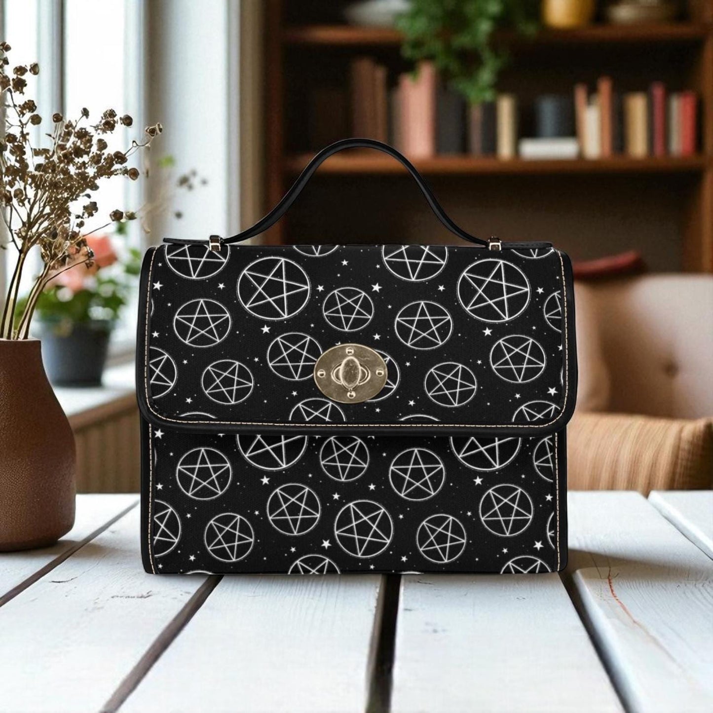 White Pentagram Print, Celestial Symbol Bag, Occult Witch Crossbody, Gothic Spell Bag, Night Star Pattern Purse, Magical Goth Gift Idea