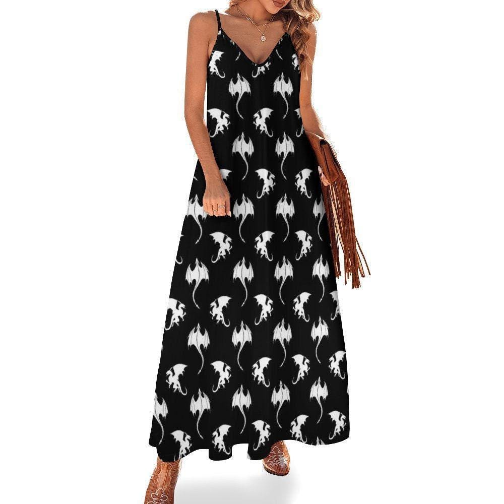 Gothic Dragon Maxi Dress, Witchy Fantasy Slip Dress, Black Dragoncore Summer Outfit, Alt Mythical Creature Clothing, Fairycore Festival Look