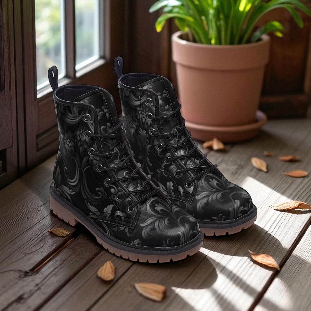 Black baroque floral boots, dark vintage lace up shoes, ornate pattern combat boots, elegant gothic style footwear,baroque print ankle boots