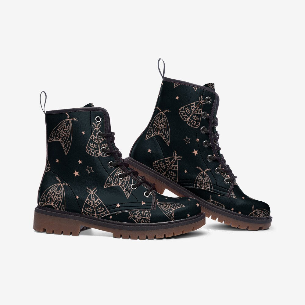 Line art moth boots, celestial insect lace up shoes, mystical night combat boots, starry moth pattern footwear, enchanted moth ankle boots