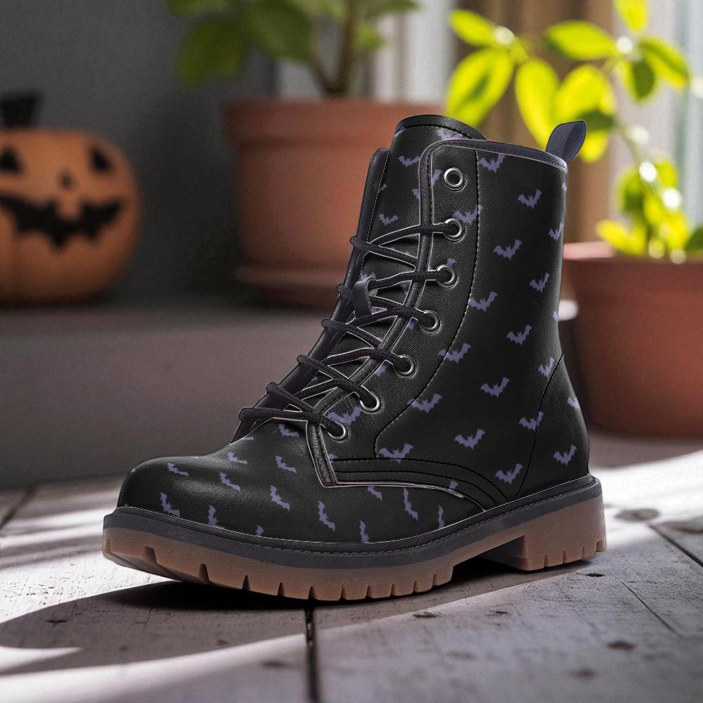 Violet bat print boots, spooky festival footwear, enchanted nightwalk combat shoes, lunar forest lace ups, celestial halloween vibe boots