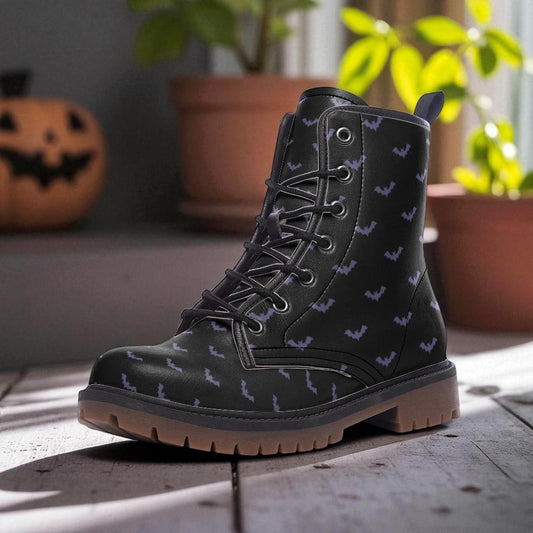 Violet bat print boots, spooky festival footwear, enchanted nightwalk combat shoes, lunar forest lace ups, celestial halloween vibe boots