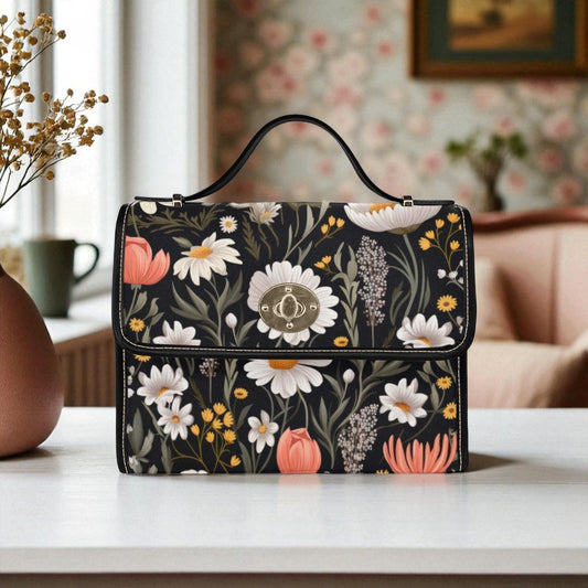 Daisy Garden Bloom Handbag, Cottagecore Floral Diaper Bag, Witchy Mom Gift Satchel, Black Purse With Daisies, Vintage Botanical Tote