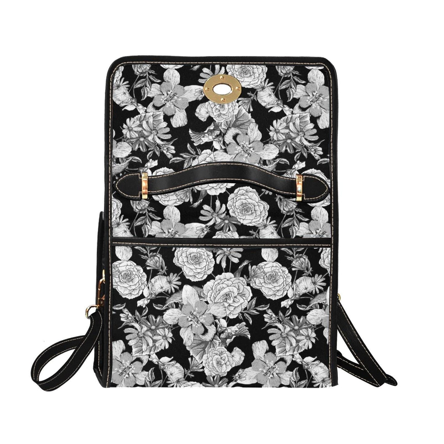Gothic rose print crossbody purse, dark floral structured handbag for witchcore fashion, black goth shoulder bag, aesthetic alt satchel