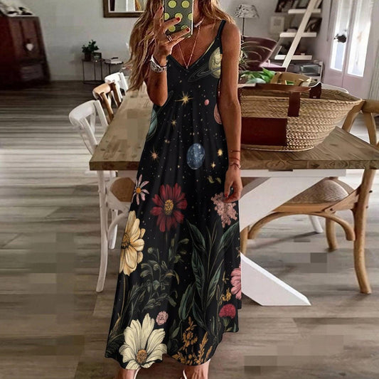 Planet floral maxi dress, Celestial garden sundress, Galaxy flower print outfit, Boho moon aesthetic gown, Cottagecore stars nightwear look