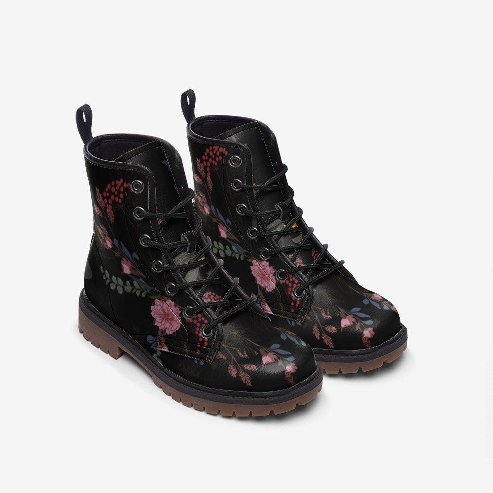 Dark Floral Combat Boots, Gothic Flower Lace Up Boots, Moody Garden Punk Boots for Women,Soft Grunge Witchy Footwear,Floral Print Ankle Boot
