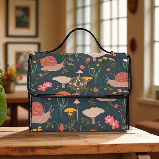 Whimsical Snail Garden, Cottagecore Mushroom Purse, Fairycore Crossbody Bag, Woodland Animal Print, Cute Nature Pattern, Fantasy Gift Idea