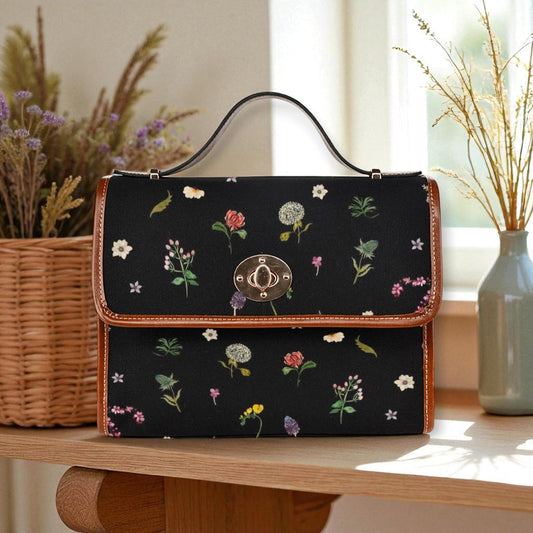 Dark Floral Cottagecore Crossbody Bag with Brown Trim, Small Witchy Shoulder Purse, Romantic Fairycore Satchel, Vintage Style Flower Handbag