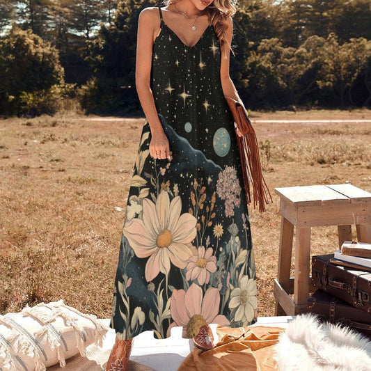 Cosmic flower garden dress, Galaxy print maxi sundress, Celestial night floral outfit, Starry witchcore boho gown, Moon and daisies design