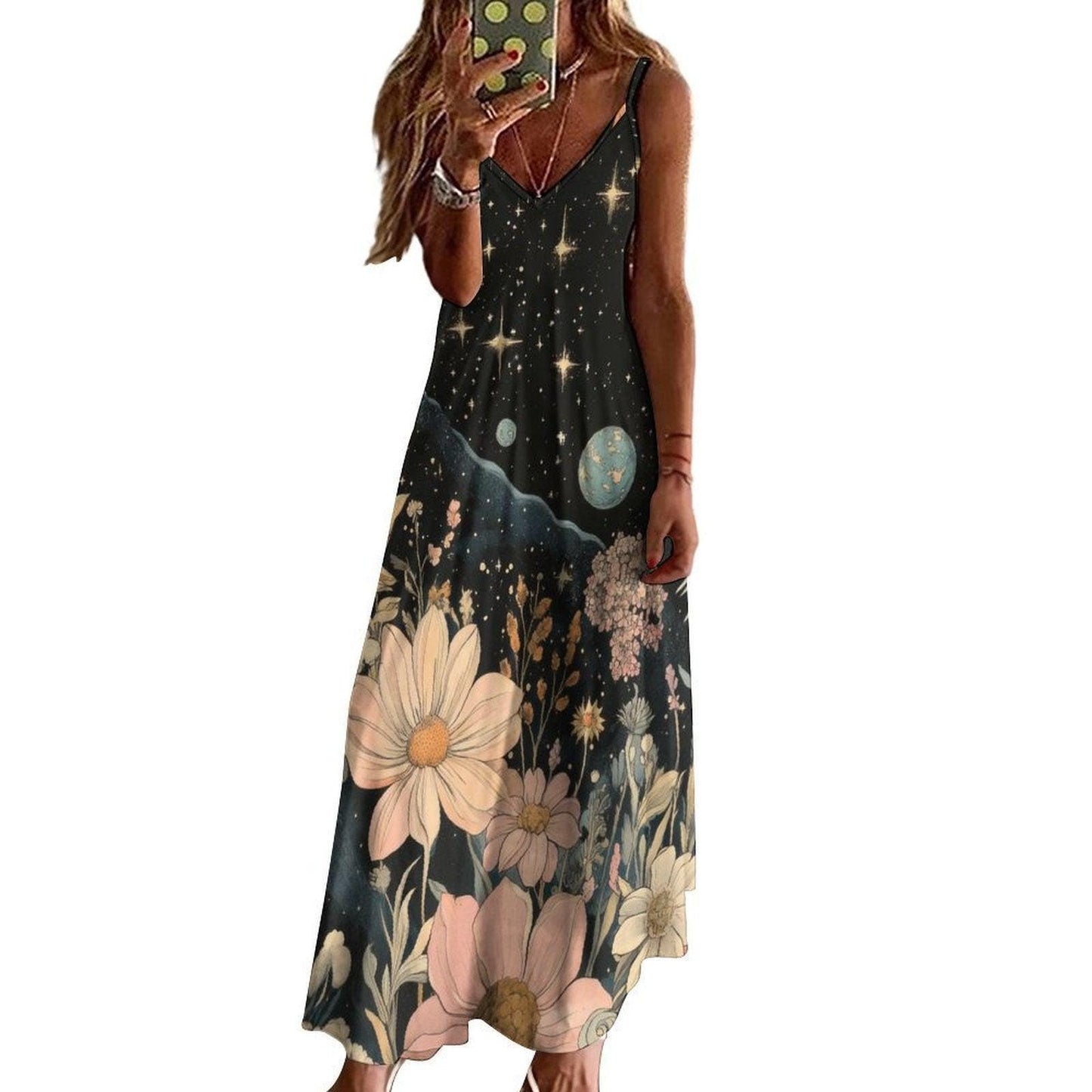 Cosmic flower garden dress, Galaxy print maxi sundress, Celestial night floral outfit, Starry witchcore boho gown, Moon and daisies design
