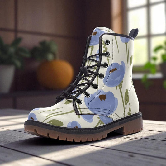 Blue Floral Combat Boots, Cottagecore Lace Up Boots for Women, Whimsical Flower Print Footwear, Light Academia Fashion Boot,Gardencore Shoes