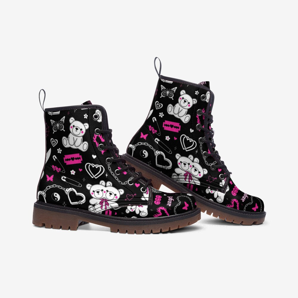 Kawaii bear shoes, pastel heart boots, dreamy pink footwear, retro y2k lace ups, sweet grunge ankle boots, playful emo shoes, toy footwear