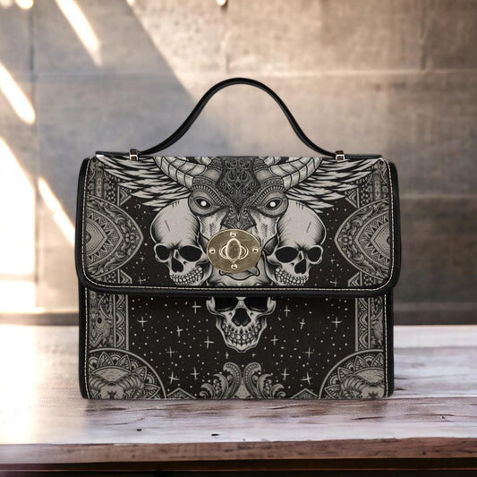 Occult skull shoulder bag, gothic sigil canvas purse, dark mystic crossbody satchel, horned beast aesthetic alt witch gift, esoteric goth