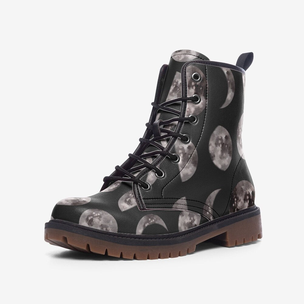 Lunar cycle shoes, dark moon boots, eclipse phase footwear, celestial orbit lace ups, enchanted night shoes, mystical boots, astral footwear