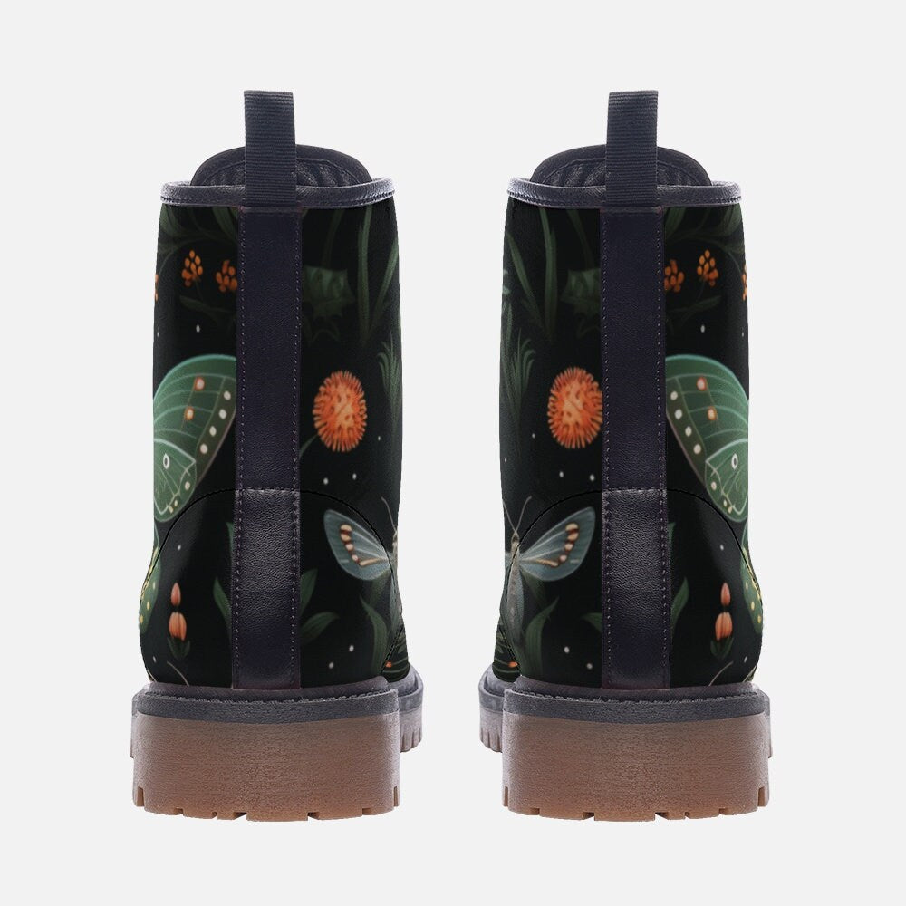 Green moth print boots, enchanted insect lace up shoes, whimsical nature ankle boots, botanical moth footwear, mystical forest combat boots