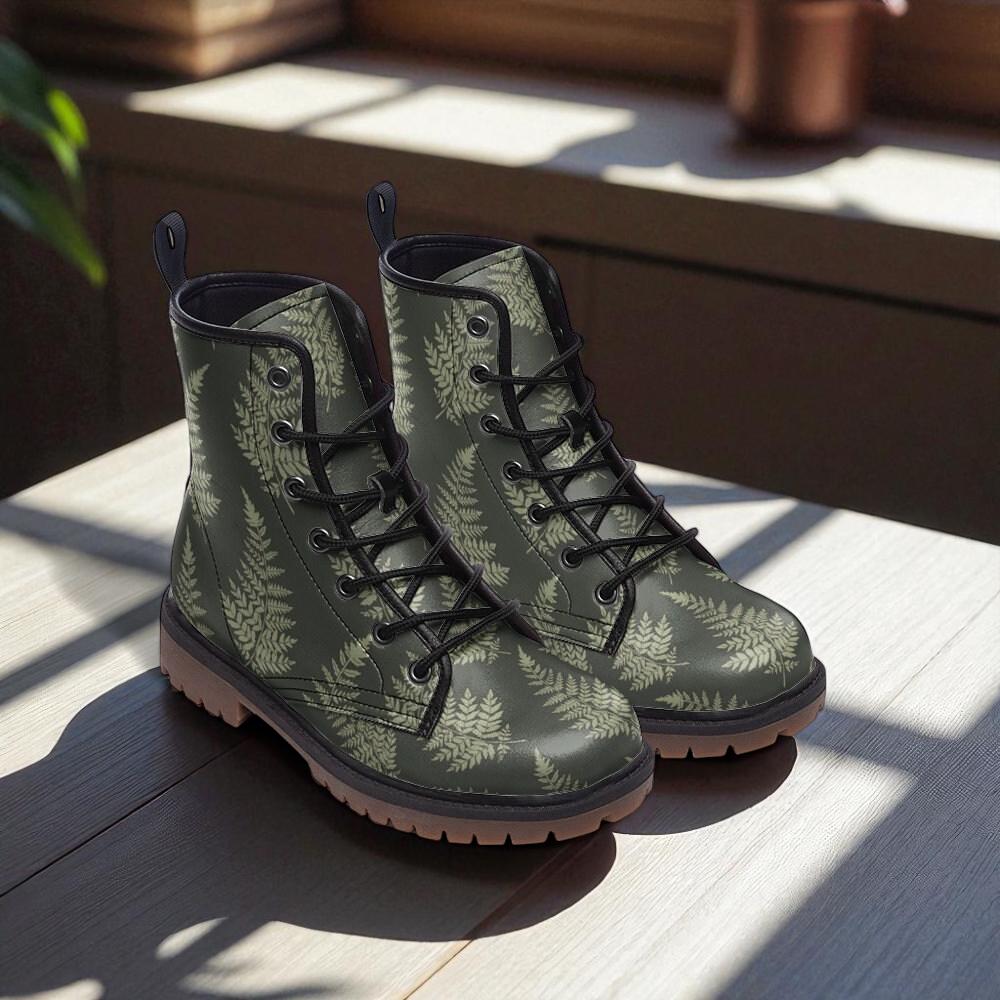 Fern print combat boots, botanical nature lace up shoes, woodland plant ankle boots, forest leaf pattern footwear, rustic walking boots