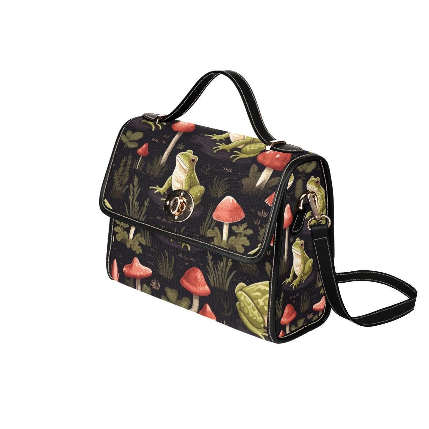 Goblincore frog shoulder bag, forest witch canvas purse, mushroom garden crossbody satchel, alt cryptid aesthetic nature gift idea