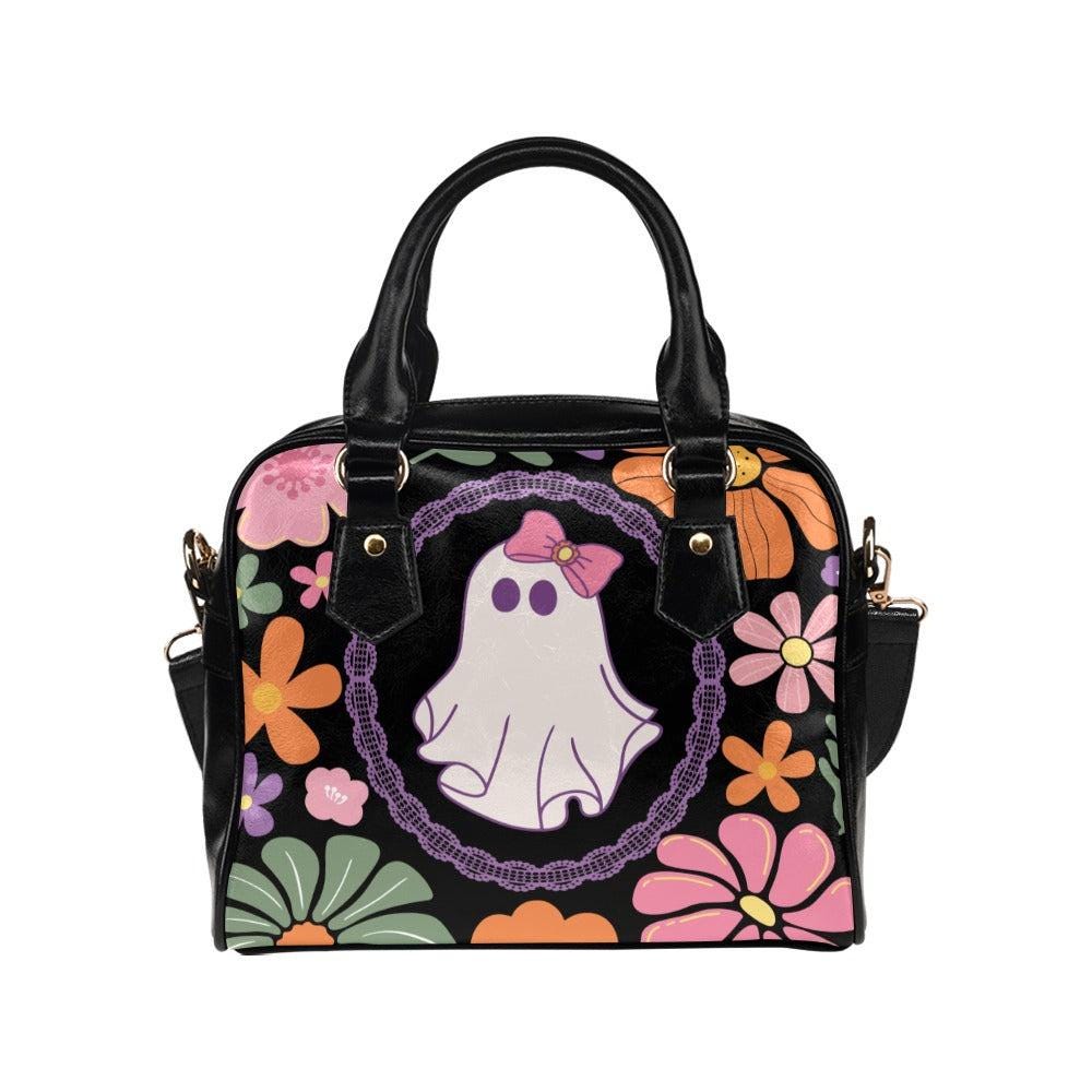 Retro Floral Ghost Bag, Pastel Halloween Satchel, Cute Witchy Purse, Spooky Vintage Handbag, Kawaii Bow Ghost Tote, Haunted Shoulder Bag