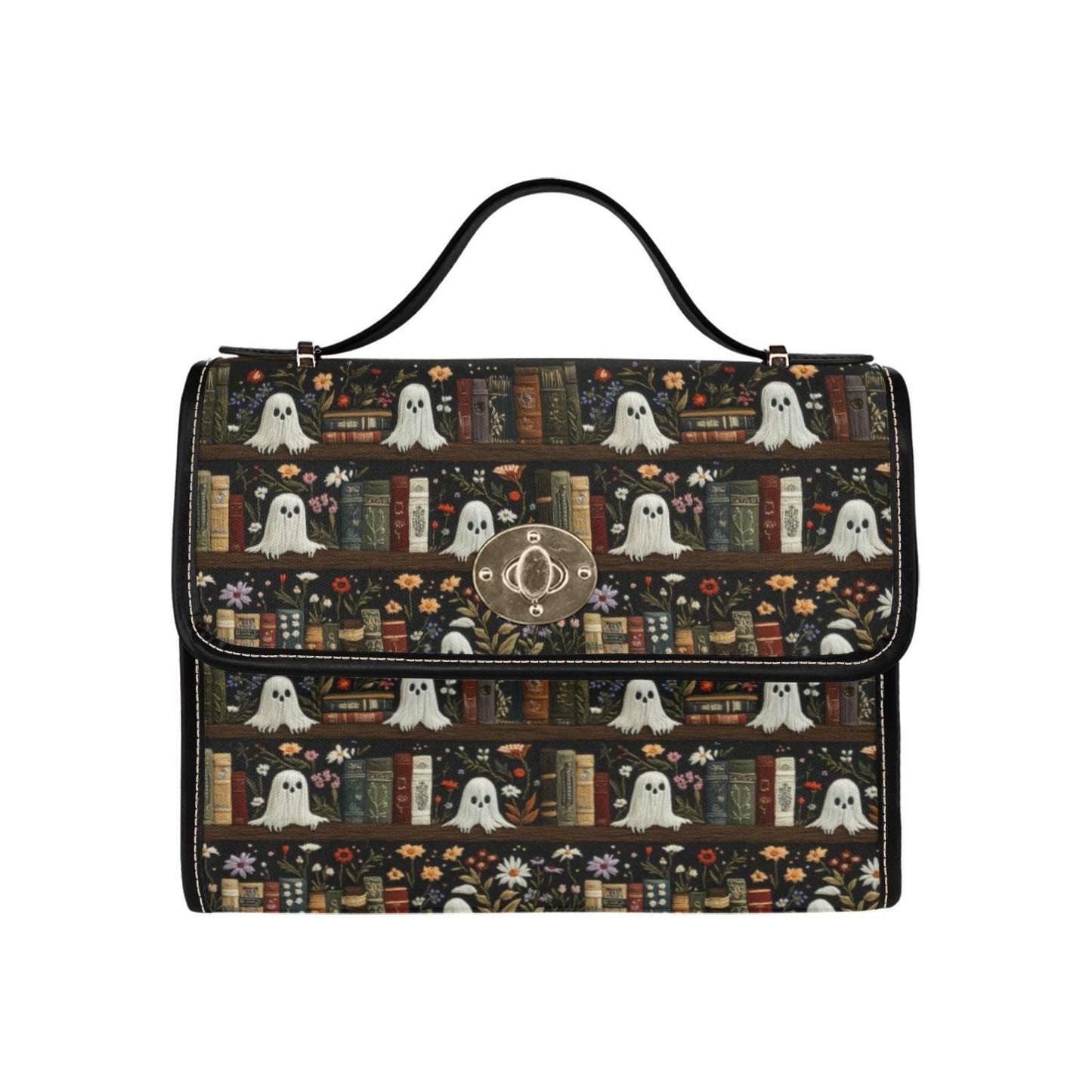 Ghost Library Shoulder Bag, Spooky Book Print Handbag, Witchy Crossbody Purse, Halloween Satchel with Ghosts and Books, Goth Academia Gift