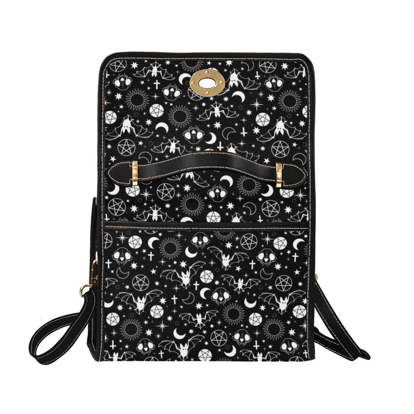 Celestial bat shoulder bag, goth moon print canvas purse, occult skull crossbody satchel, witchy pentacle aesthetic, spooky witch gift idea