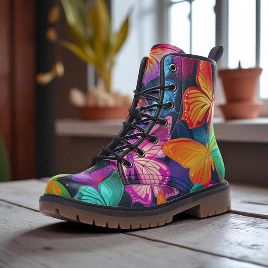 Rainbow butterfly combat boots, fairycore festival lace up shoes, psychedelic rave platform footwear, enchanted insect print ankle boots
