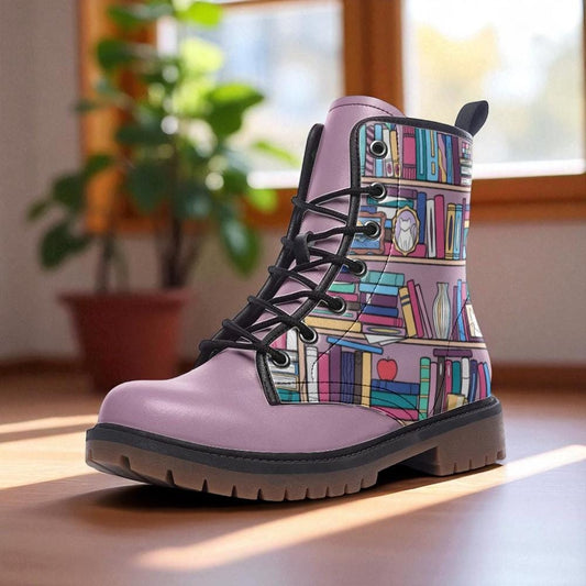 Whimsical Book Lover Boots, Purple Library Combat Shoes, Cute Nerdy Girl Gift,Unique Reading Aesthetic Footwear,Pastel Bookworm Outfit Boots