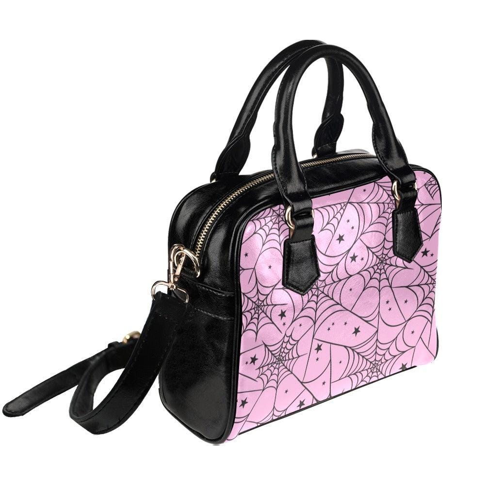 Pink Spiderweb Handbag with Star Pattern, Pastel Goth Purse for Halloween Outfits, Cute Witchy Crossbody Satchel,Kawaii Creepy Aesthetic Bag