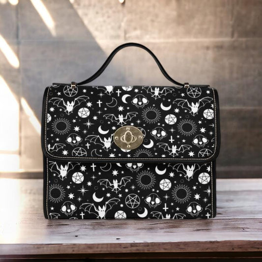 Celestial bat shoulder bag, goth moon print canvas purse, occult skull crossbody satchel, witchy pentacle aesthetic, spooky witch gift idea