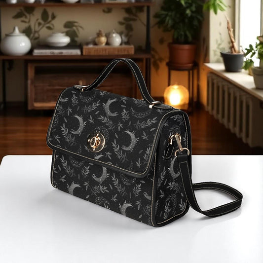Celestial moon bag, black gothic purse, moon phase handbag, witchy satchel bag, lunar print crossbody, starry night purse, celestial gift