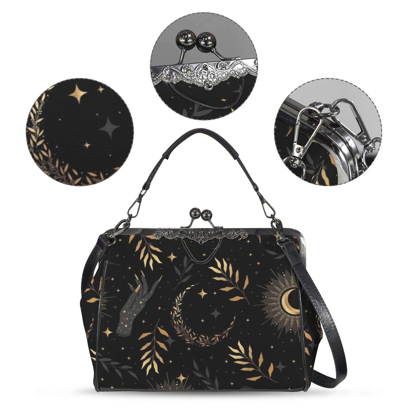 Golden Celestial Purse, Moon Stars Evening Bag, Witchy Floral Handbag, Gothic Crossbody Clutch, Occult Night Accessory, Astrology Satchel
