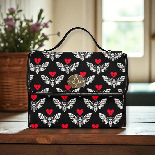 Gothic Moth Pattern, Red Hearts Design, Witchy Shoulder Bag, Dark Romantic Purse, Cottage Goth Accessory, Whimsical Gift Idea, Fantasy bag