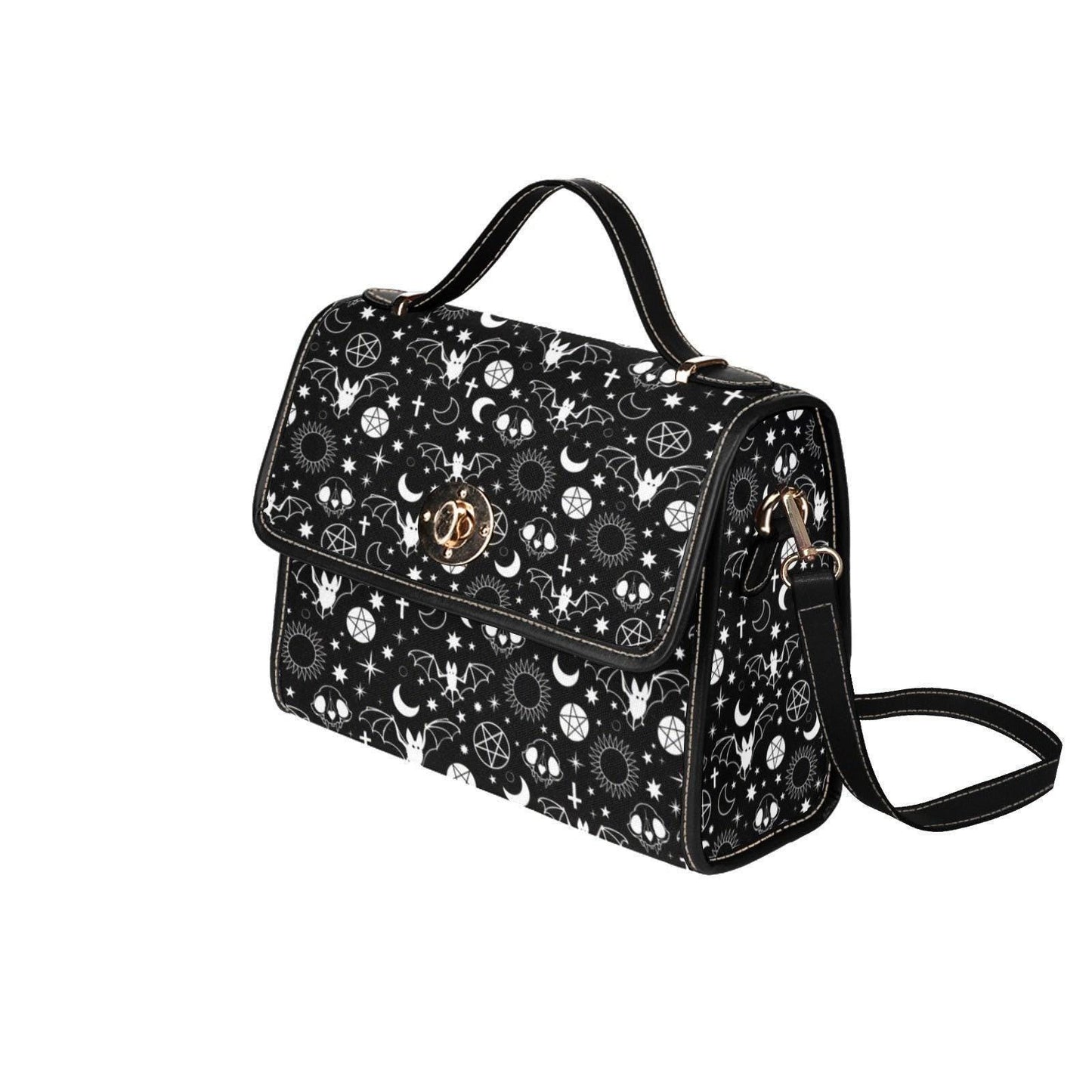 Celestial bat shoulder bag, goth moon print canvas purse, occult skull crossbody satchel, witchy pentacle aesthetic, spooky witch gift idea
