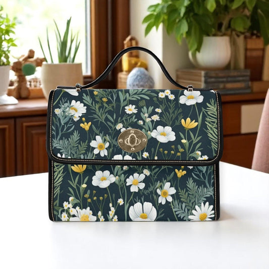 Daisy Meadow Shoulder Bag, Floral Cottagecore Satchel Purse, Botanical Garden Handbag with White Flowers, Nature-Inspired Gift for Her