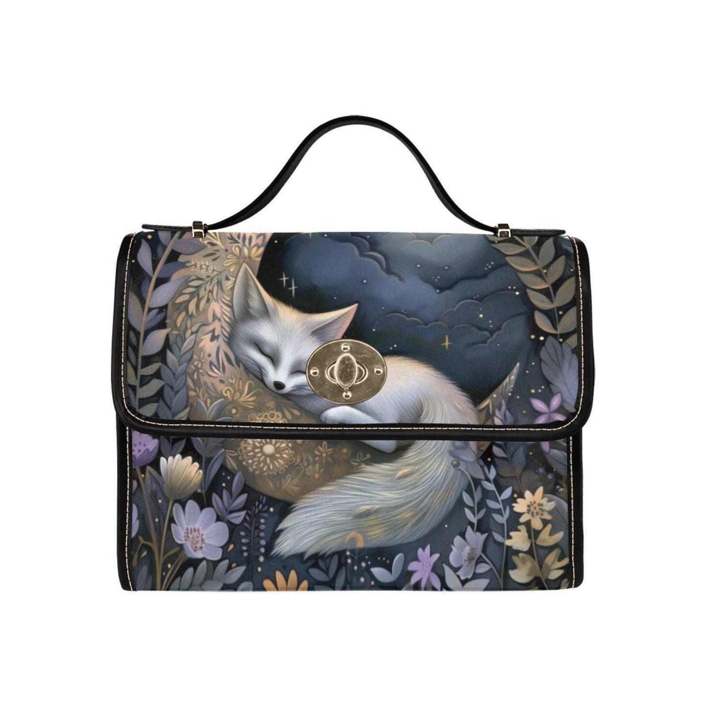 Lunar Witch Shoulder Bag for Women, Celestial Forest Canvas Satchel, Mystical Sleeping Fox Crossbody, Whimsical Alt Girl Gift Idea