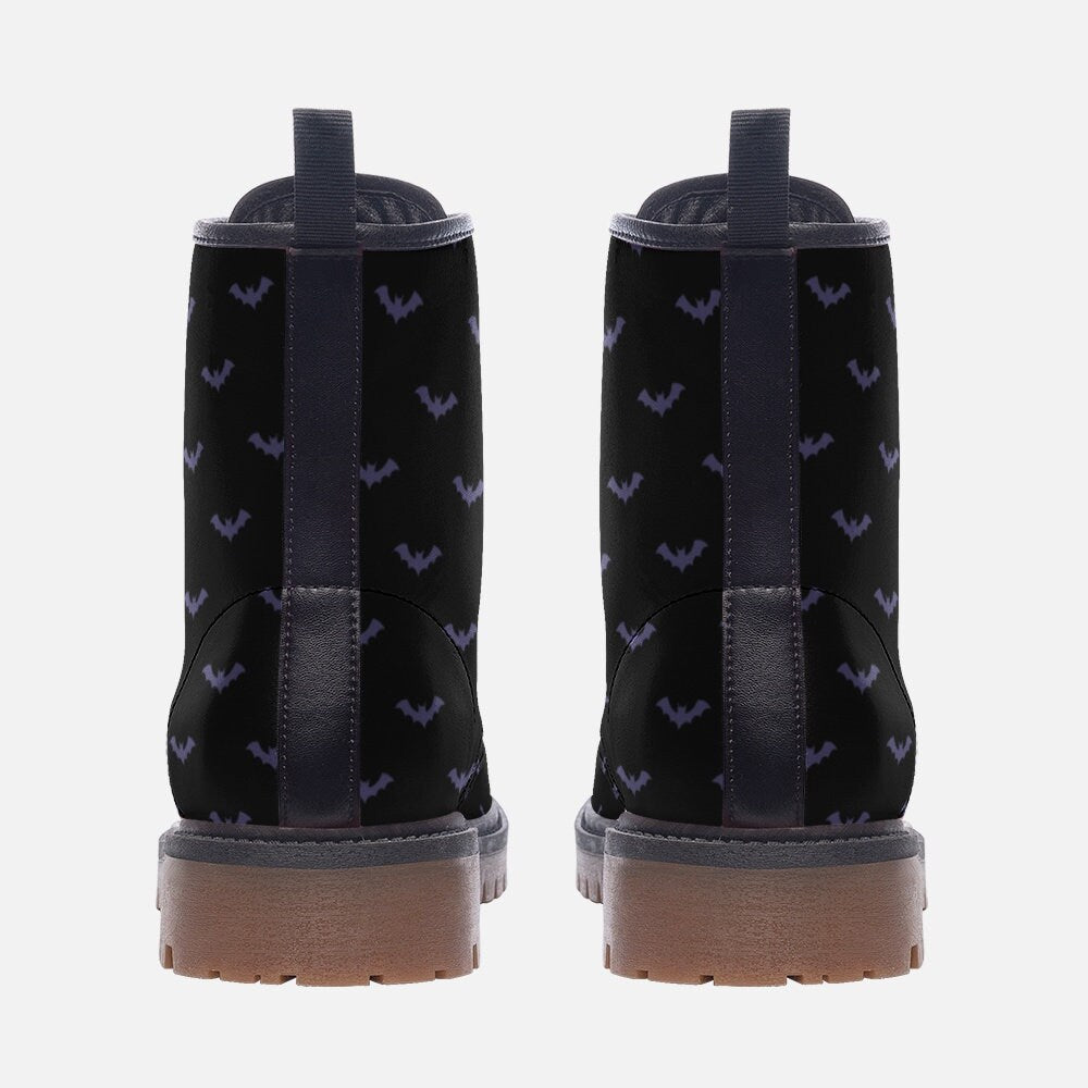 Violet bat print boots, spooky festival footwear, enchanted nightwalk combat shoes, lunar forest lace ups, celestial halloween vibe boots
