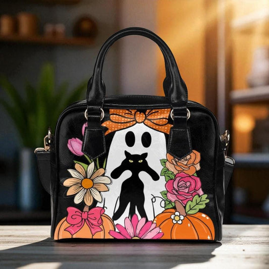 Ghost with black cat bag, pastel Halloween purse, floral spooky satchel, kawaii witchy handbag, pumpkin bow crossbody, cute Halloween purse