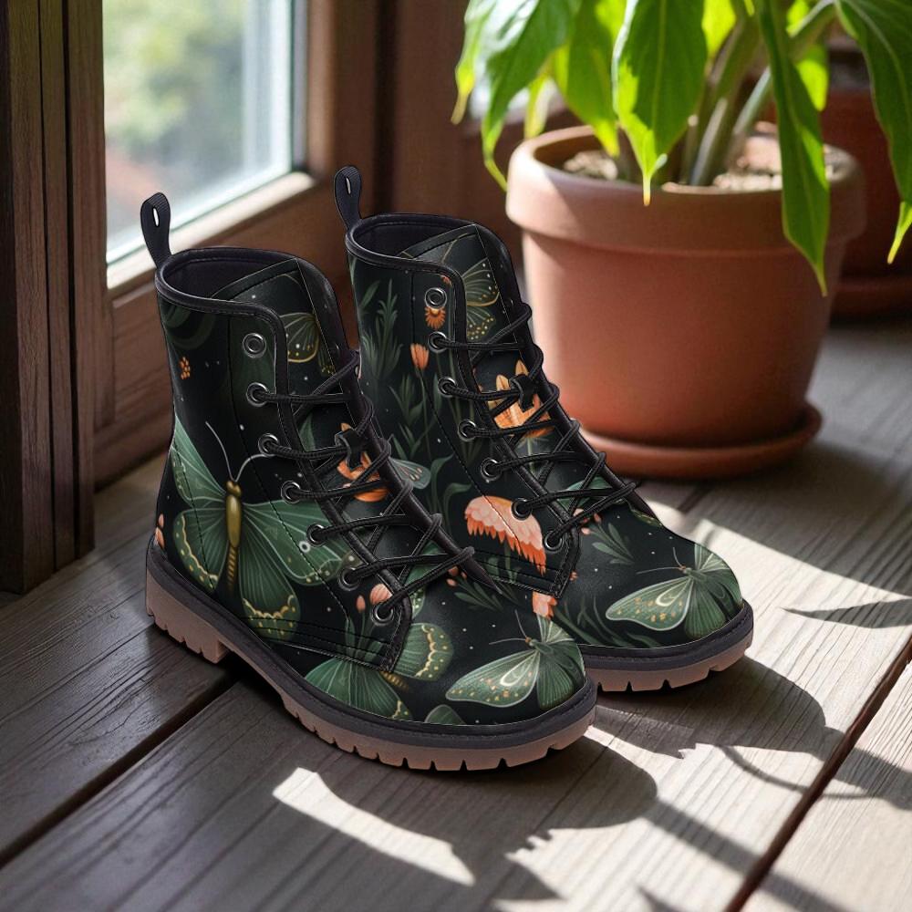 Green moth print boots, enchanted insect lace up shoes, whimsical nature ankle boots, botanical moth footwear, mystical forest combat boots