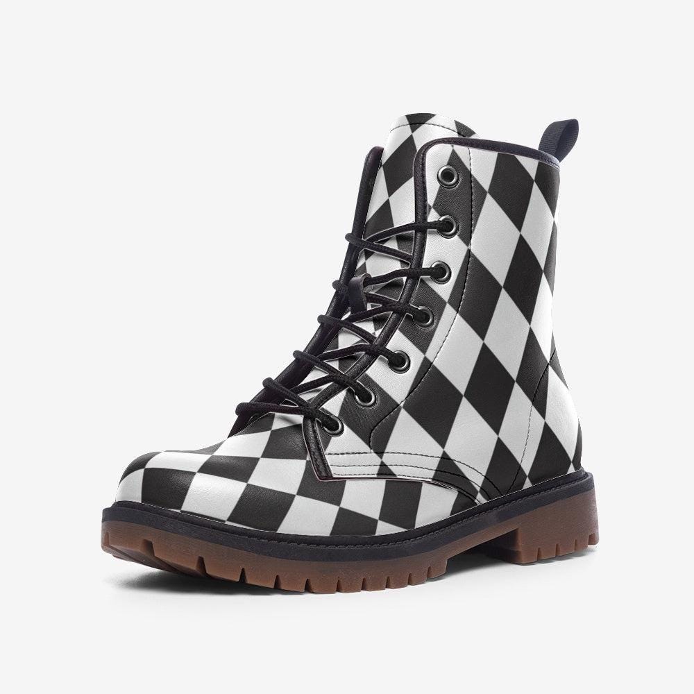 Black white diamond boots, monochrome punk lace up, alt harlequin goth shoes, checkered rave boots, emo festival shoes, punk checker boots