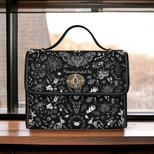Witch kit shoulder bag, chaotic witchcore canvas purse, spooky spell jar crossbody satchel, alt occult symbols bag, mystical goth gift idea