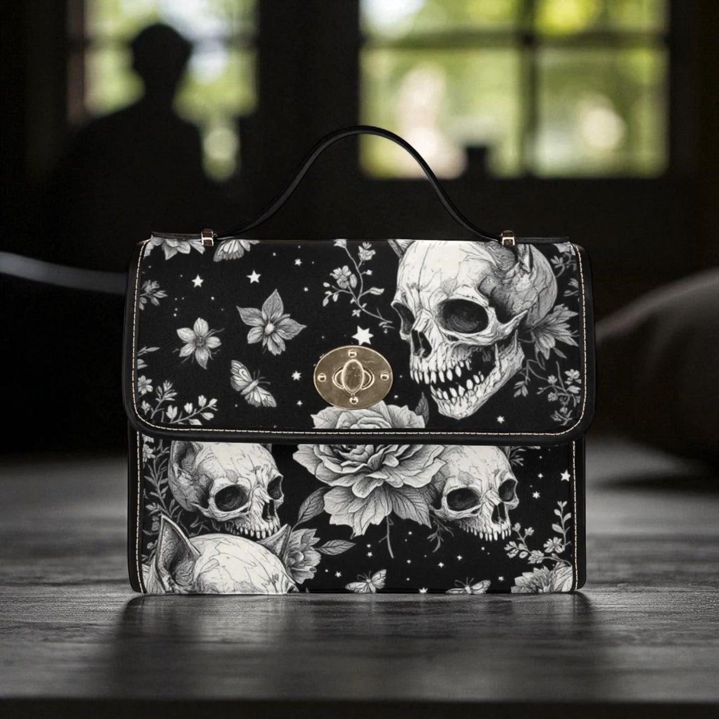 Rose skull pattern satchel, black floral crossbody purse, eerie butterfly print handbag, illustrated bones shoulder bag,vintage creepy purse