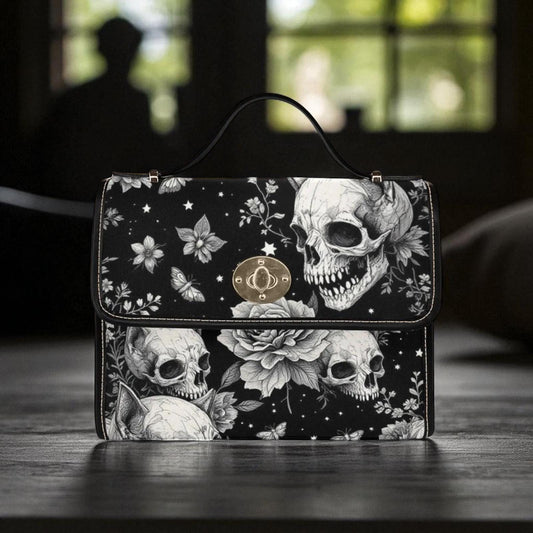 Rose skull pattern satchel, black floral crossbody purse, eerie butterfly print handbag, illustrated bones shoulder bag,vintage creepy purse
