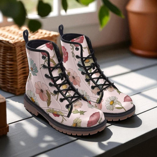 Pastel Floral Combat Boots, Cottagecore Pink Shoes, Fairycore Botanical Boots,Vintage Flower Print,Romantic Festival Boots,Garden Party Gear