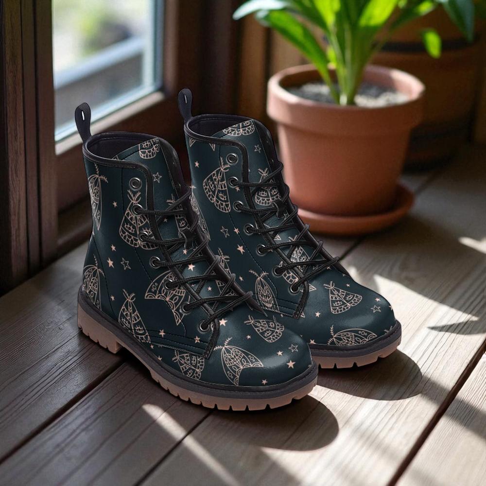 Line art moth boots, celestial insect lace up shoes, mystical night combat boots, starry moth pattern footwear, enchanted moth ankle boots