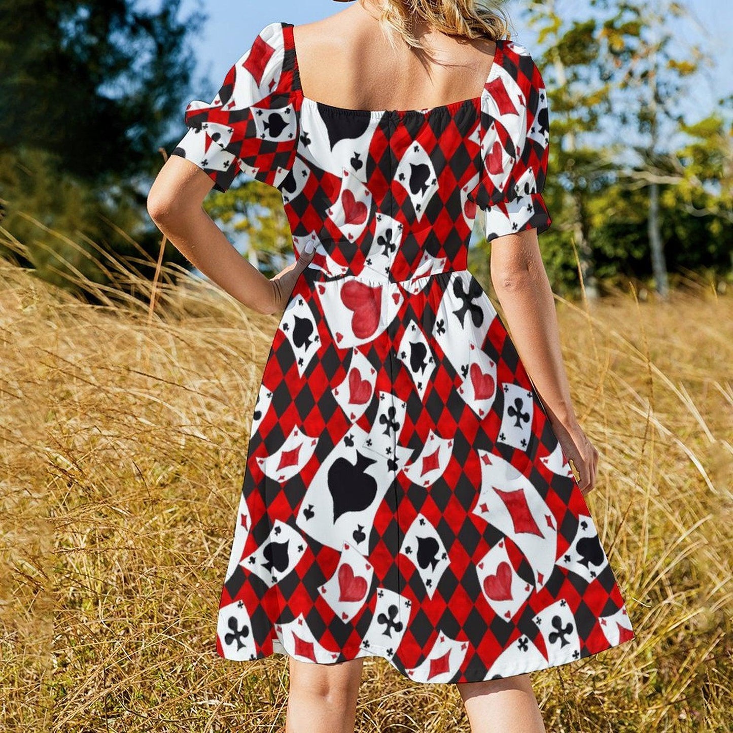 Card suit party dress, Alice inspired puff sleeve, queen of hearts mini dress, whimsical fairytale outfit, sweetheart themed fantasy dress