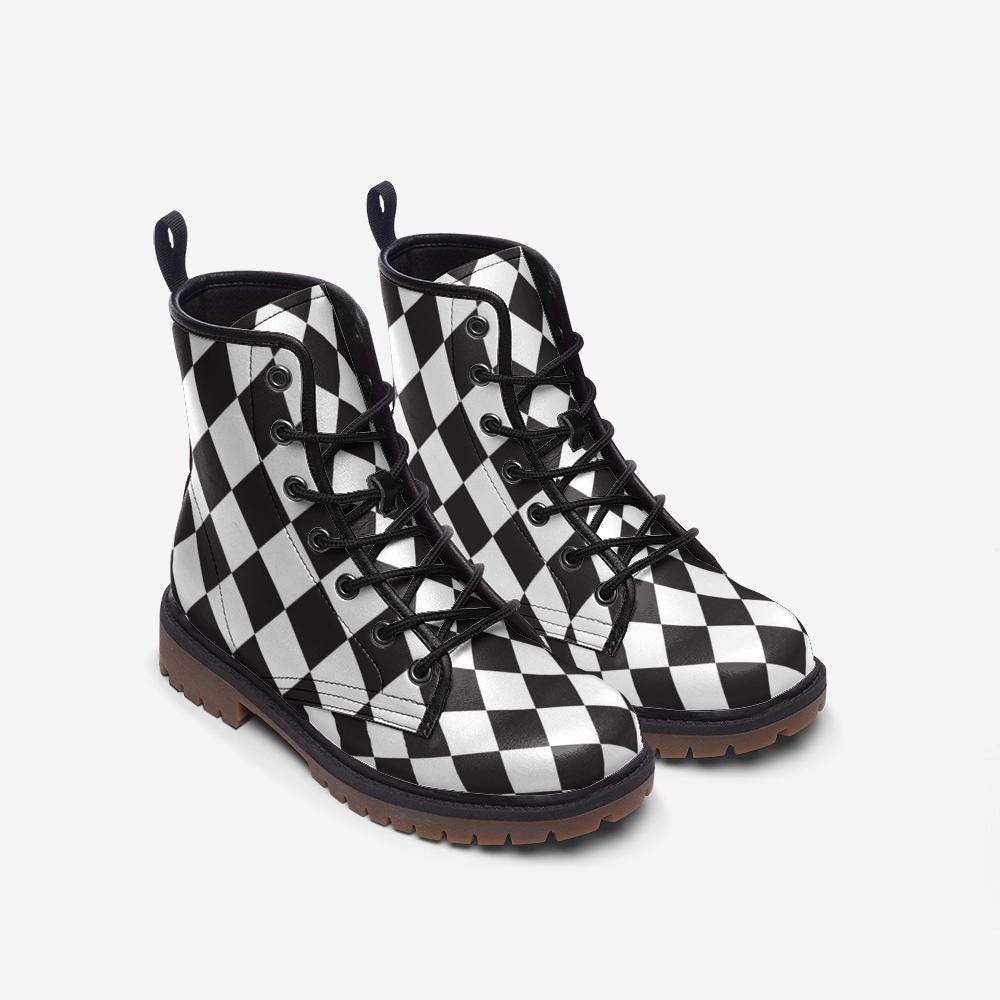 Black white diamond boots, monochrome punk lace up, alt harlequin goth shoes, checkered rave boots, emo festival shoes, punk checker boots