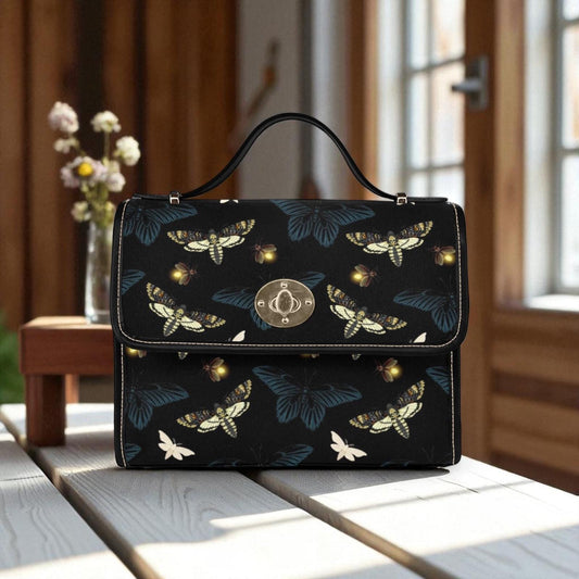 Moth and Firefly Crossbody Bag, Glowing Bug Cottagecore Purse, Whimsical Forest Witch Bag, Soft Goth Insect Print, Cozy Fairycore Gift Idea