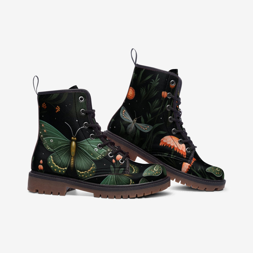 Green moth print boots, enchanted insect lace up shoes, whimsical nature ankle boots, botanical moth footwear, mystical forest combat boots