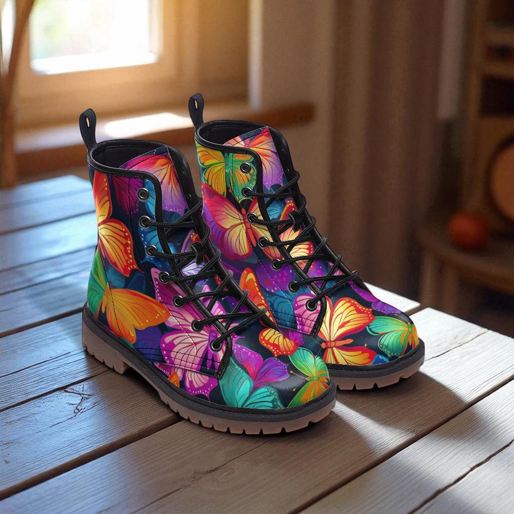 Rainbow butterfly combat boots, fairycore festival lace up shoes, psychedelic rave platform footwear, enchanted insect print ankle boots