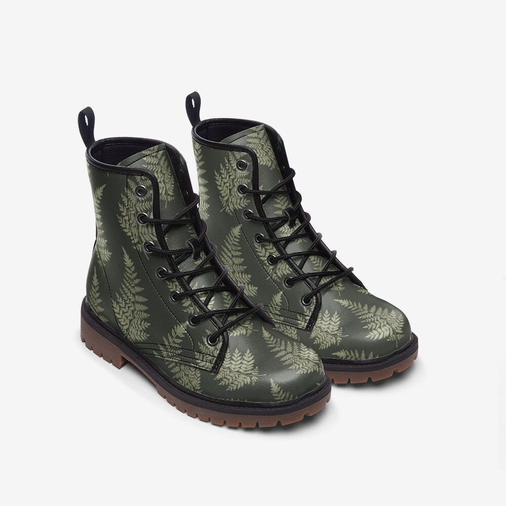 Fern print combat boots, botanical nature lace up shoes, woodland plant ankle boots, forest leaf pattern footwear, rustic walking boots